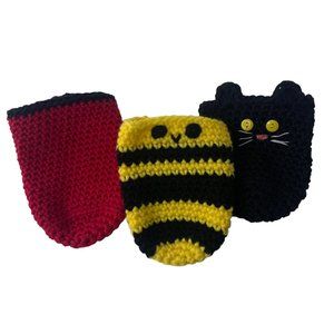 New Homemade Knitted Crochet Can Coozies Cat Bee 3" tall Cute
